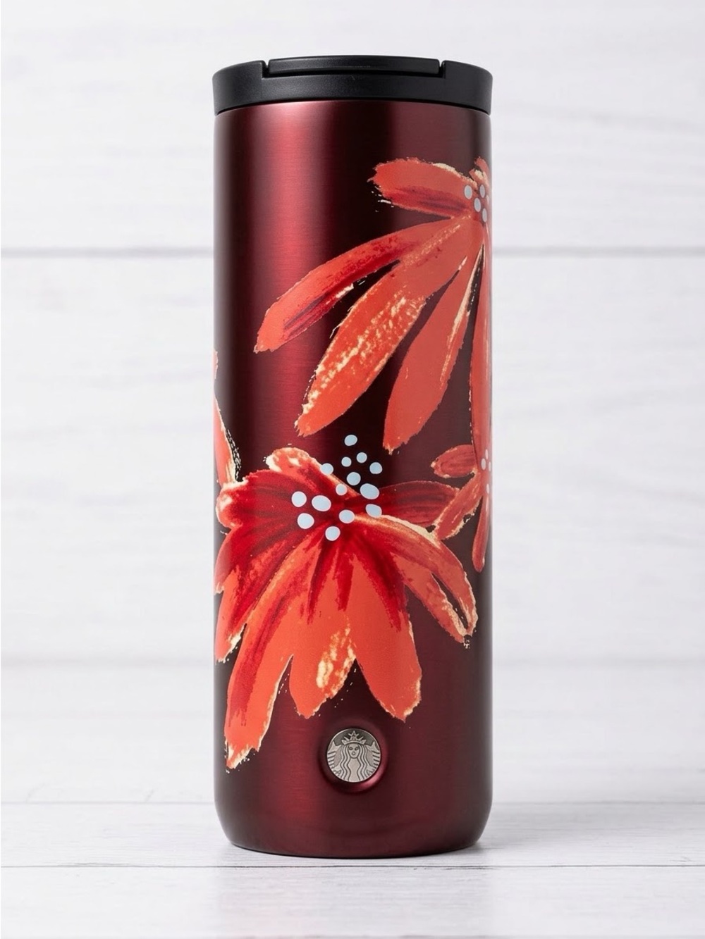 Starbucks 2018 Orange Floral Maroon Metallic Stainless Steel Coffee Tumbler 16oz